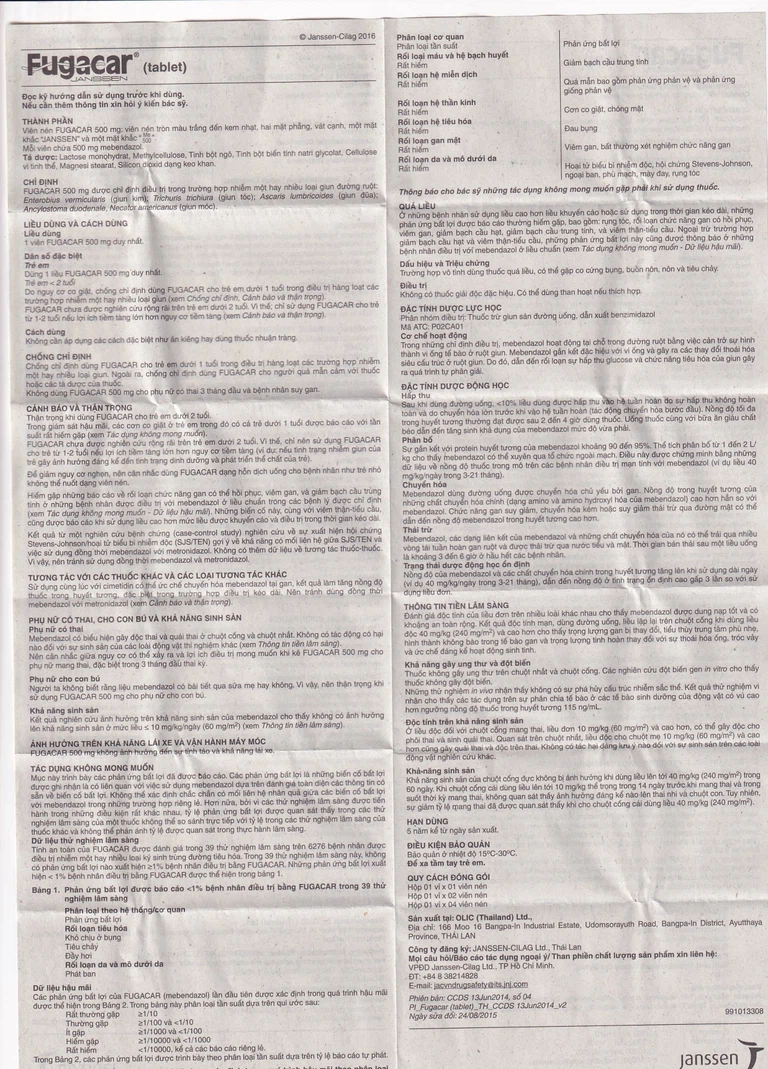 Thuốc Fugacar Janssen điều trị nhiễm một hay nhiều loại giun đường ruột (1 vỉ x 4 viên)