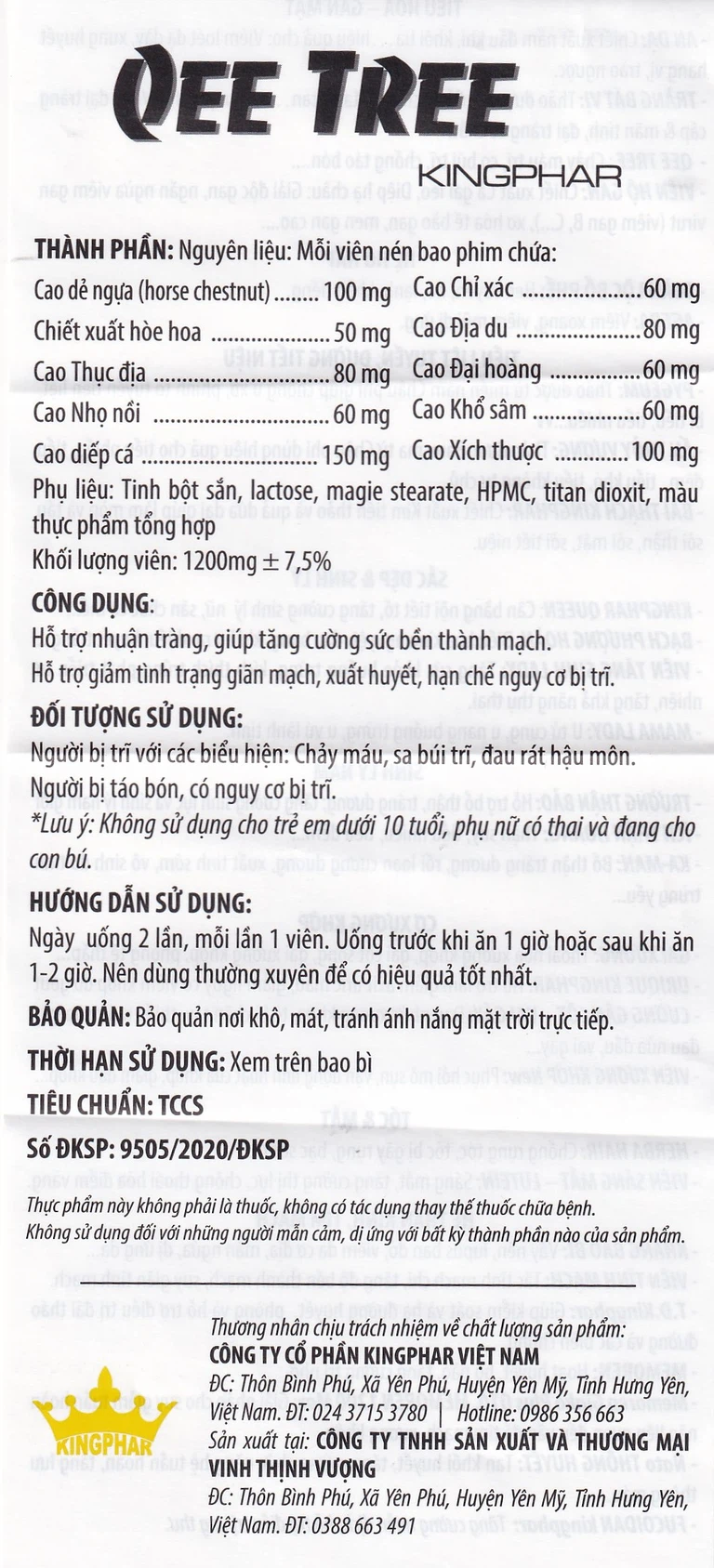Viên uống Qee Tree Kingphar tăng độ bền thành mạch, nhuận tràng, chống táo bón (60 viên)