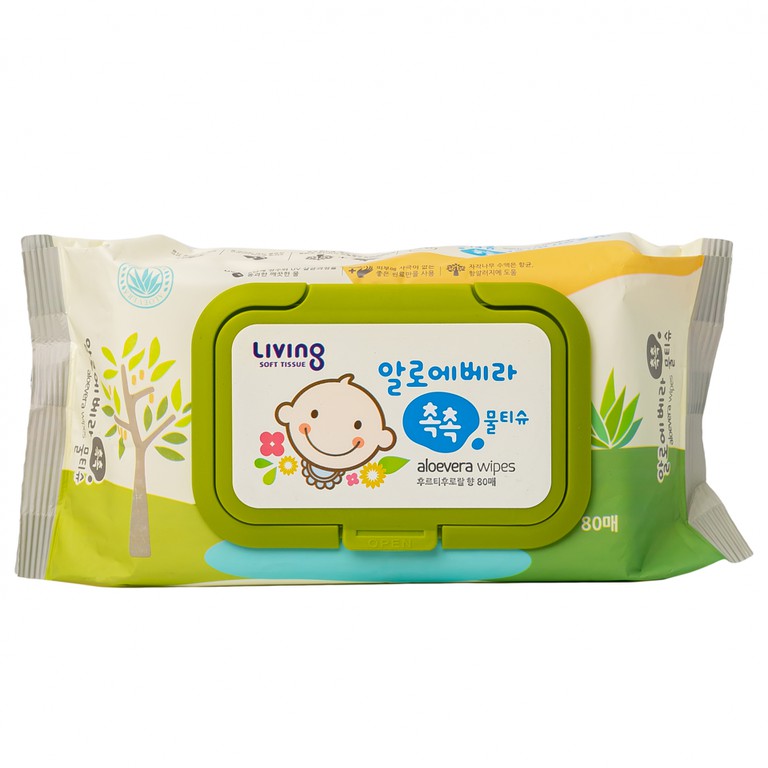 Khăn ướt Living Chok Chok Aloe Vera mềm mại, không xơ, an toàn (80 miếng)