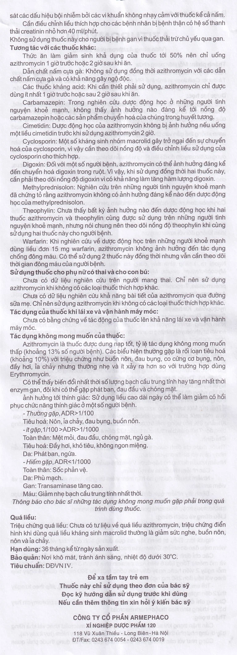 Thuốc Azithromycin 250 Armephaco điều trị nhiễm khuẩn (1 vỉ x 6 viên)