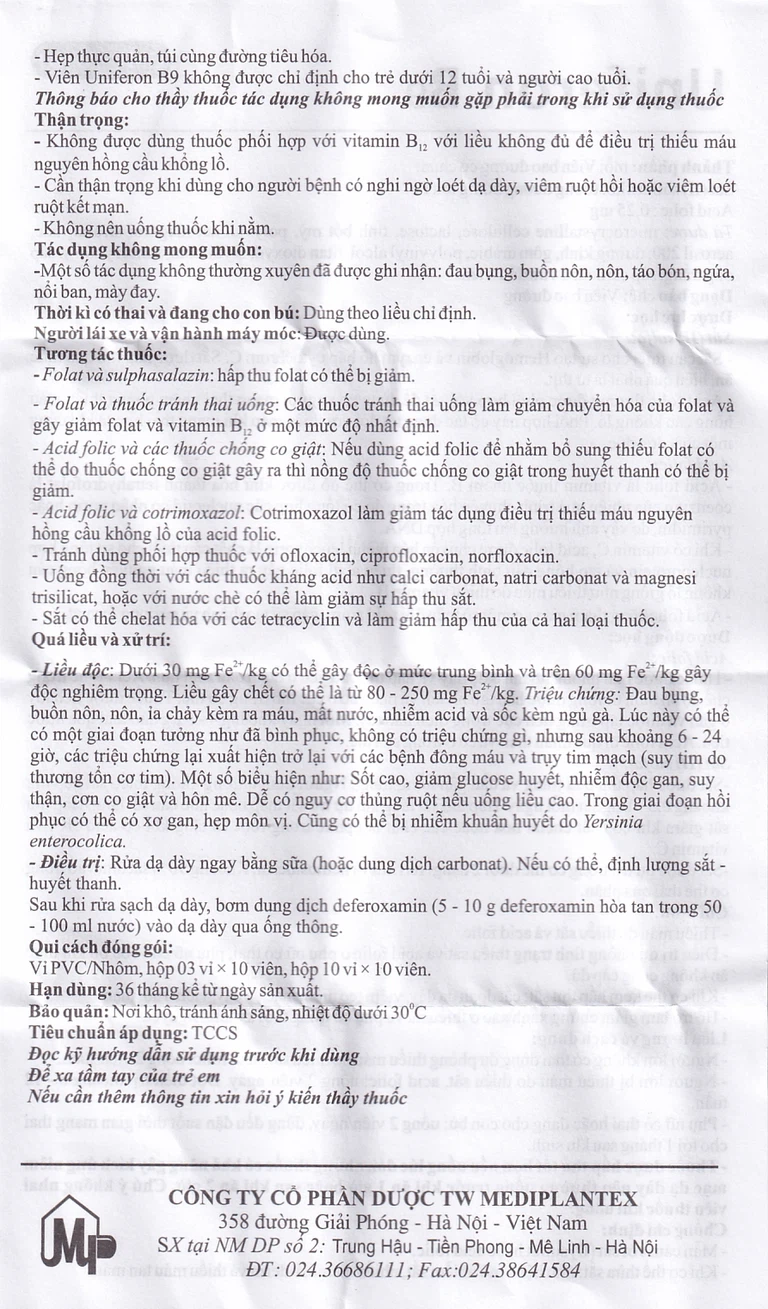 Thuốc Uniferon B9 Mediplantex điều trị thiếu máu do thiếu sắt và acid folic (3 vỉ x 10 viên)