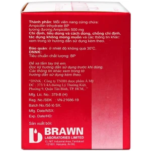 Thuốc Ampicillin Capsules BP 500mg Brawn điều trị nhiễm khuẩn (10 vỉ x 10 viên)
