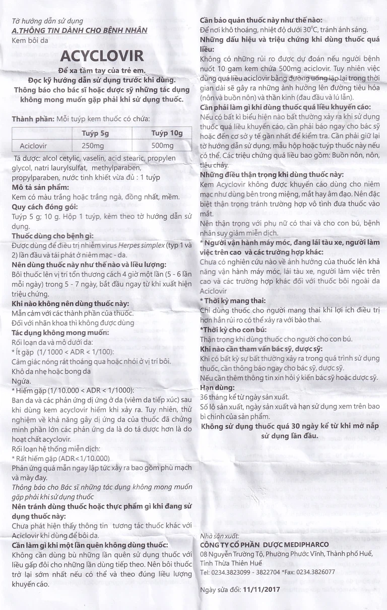 Kem bôi da Acyclovir Medipharco điều trị nhiễm virus Herpes simplex (5g)