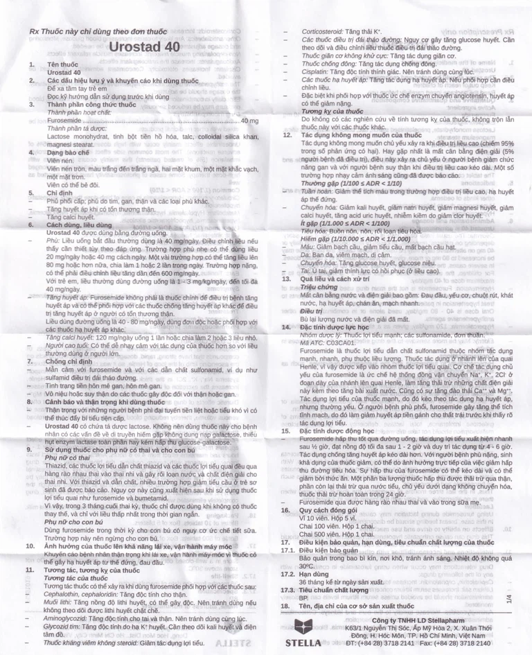 Thuốc Urostad 40 Stella điều trị phù phổi cấp (5 vỉ x 10 viên)