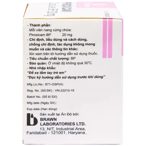 Thuốc Piroxicam capsules BP 20mg Brawn kháng viêm và giảm đau viêm khớp dạng thấp (10 vỉ x 10 viên)