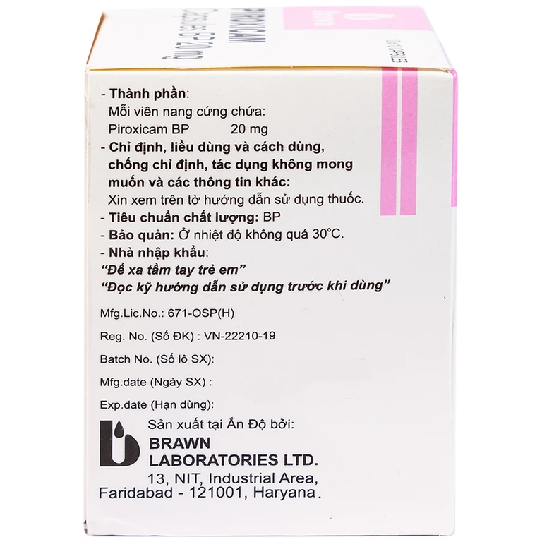 Thuốc Piroxicam capsules BP 20mg Brawn kháng viêm và giảm đau viêm khớp dạng thấp (10 vỉ x 10 viên)