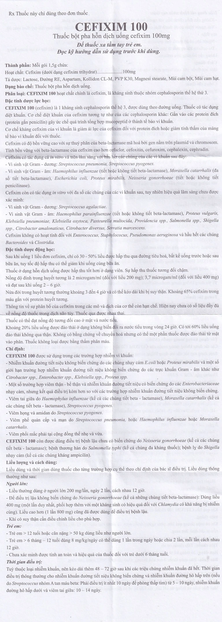 Bột pha hỗn dịch uống Cefixim 100 USP điều trị nhiễm khuẩn (10 gói x 1.5g)