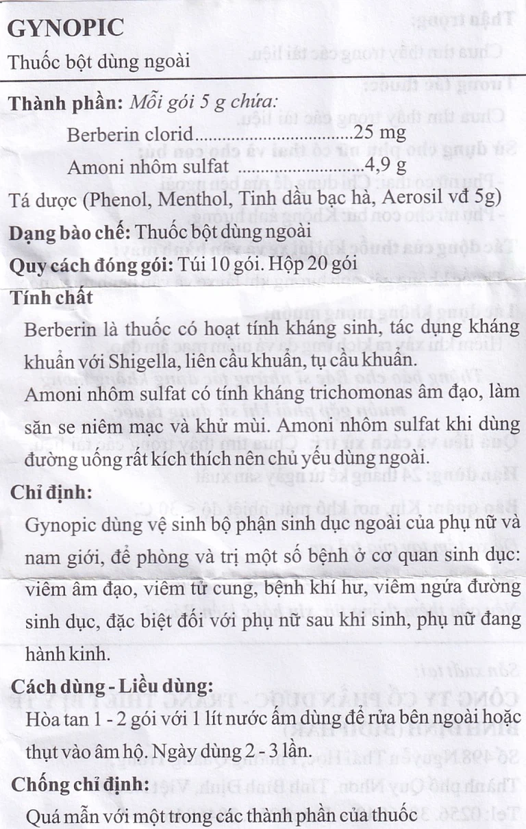 Thuốc bột dùng ngoài Gynopic Bidiphar phòng và trị bệnh viêm âm đạo, viêm tử cung (5g)