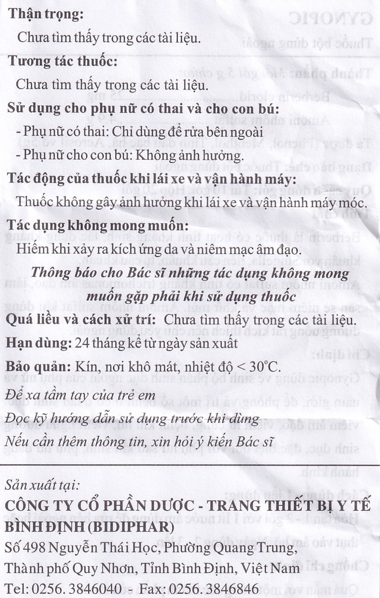 Thuốc bột dùng ngoài Gynopic Bidiphar phòng và trị bệnh viêm âm đạo, viêm tử cung (5g)