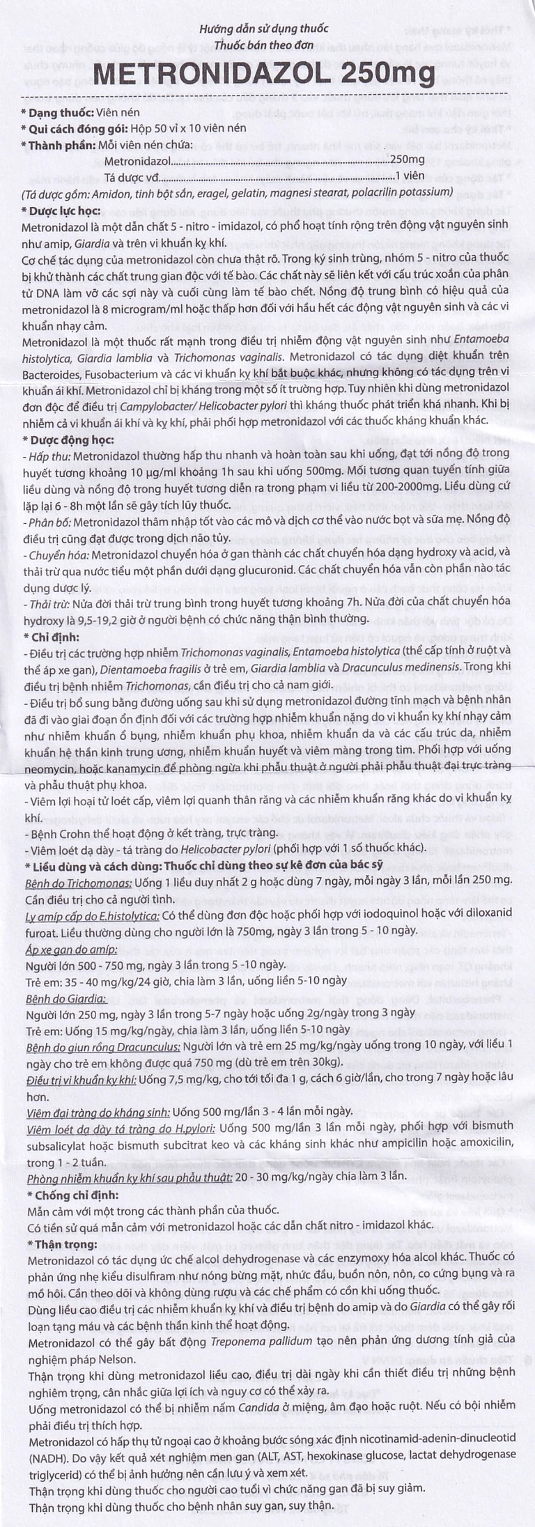Viên nén Metronidazol 250mg Hataphar điều trị các chứng nhiễm khuẩn, viêm lợi (50 vỉ x 10 viên)