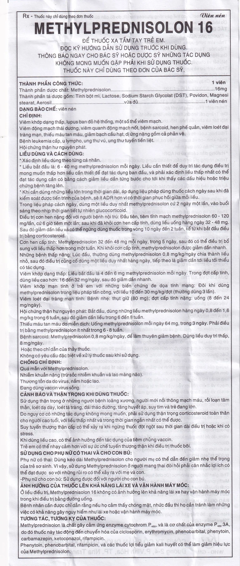Thuốc Methylprednisolon 16 Khapharco kháng viêm, điều trị viêm khớp dạng thấp, lupus ban đỏ hệ thống (10 vỉ x 10 viên)