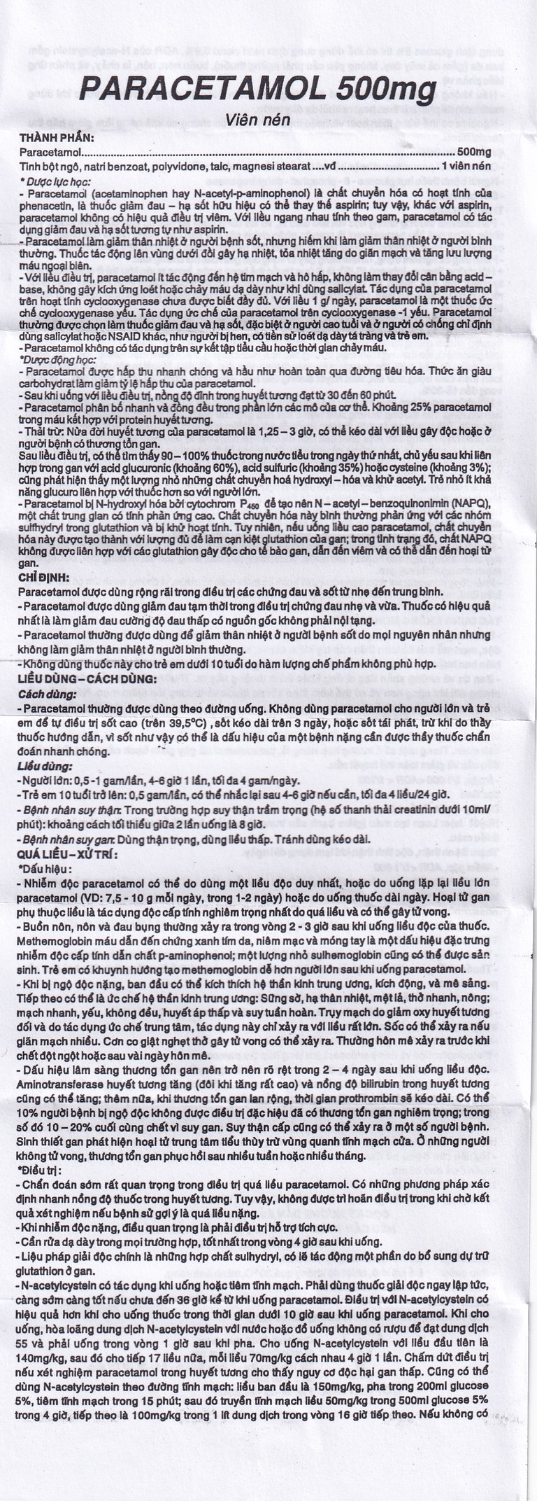 Viên nén Paracetamol 500mg Armepharco điều trị các chứng đau và sốt (10 vỉ x 10 viên)