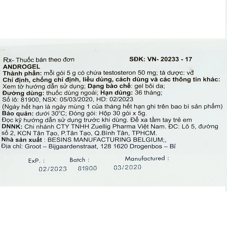 Gel bôi da Androgel 50mg/5g Besins hỗ trợ điều trị thiểu năng tuyến sinh dục nam giới (30 gói x 5g)