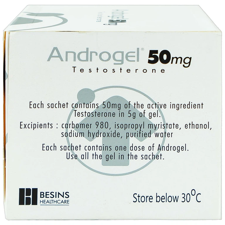 Gel bôi da Androgel 50mg/5g Besins hỗ trợ điều trị thiểu năng tuyến sinh dục nam giới (30 gói x 5g)