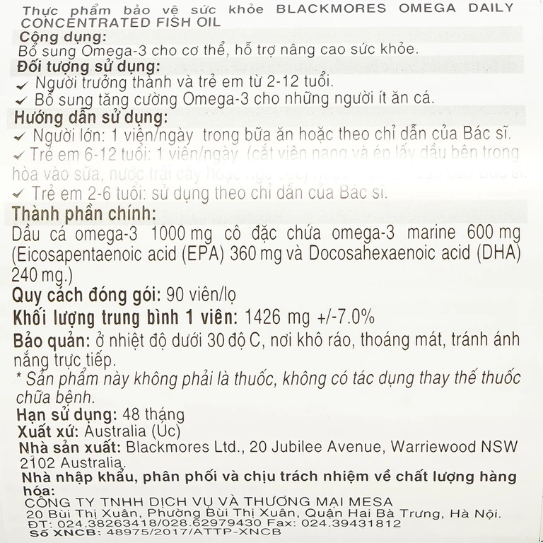 Viên dầu cá Blackmores Omega Daily Concentrated Fish Oil bổ sung omega 3, nâng cao sức khỏe (90 viên)