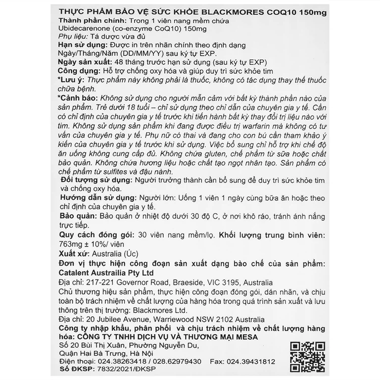 Viên uống Blackmores CoQ10 150mg hỗ trợ chống oxy hóa và duy trì sức khỏe tim (30 viên)