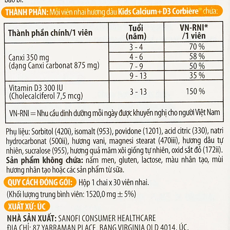 Viên nhai Kids Calcium+D3 Corbiere Sanofi giúp xương chắc khỏe (30 viên)