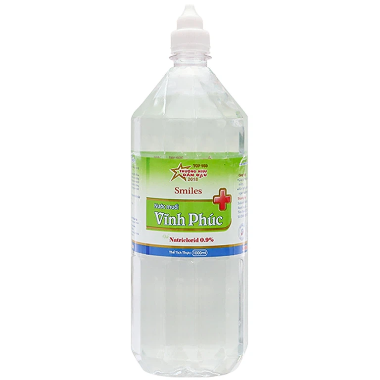 Nước muối Natriclorid 0.9% Smiles Vĩnh Phúc phòng ngừa nhiễm khuẩn da, răng miệng (10 chai x 1000ml)