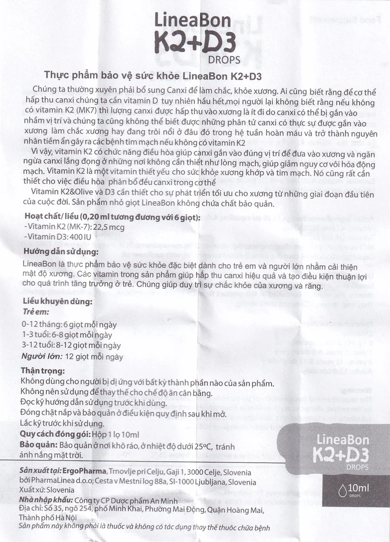 Dung dịch LineaBon K2+D3 ErgoPharm hỗ trợ bổ sung Vitamin (10ml)