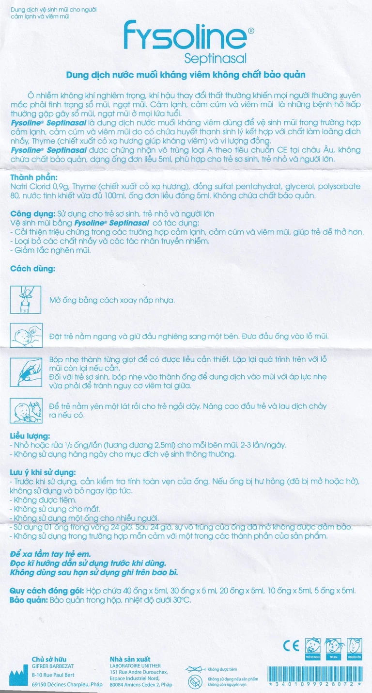 Dung dịch nước muối Fysoline 5ml không chất bảo quản kháng khuẩn (20 ống)