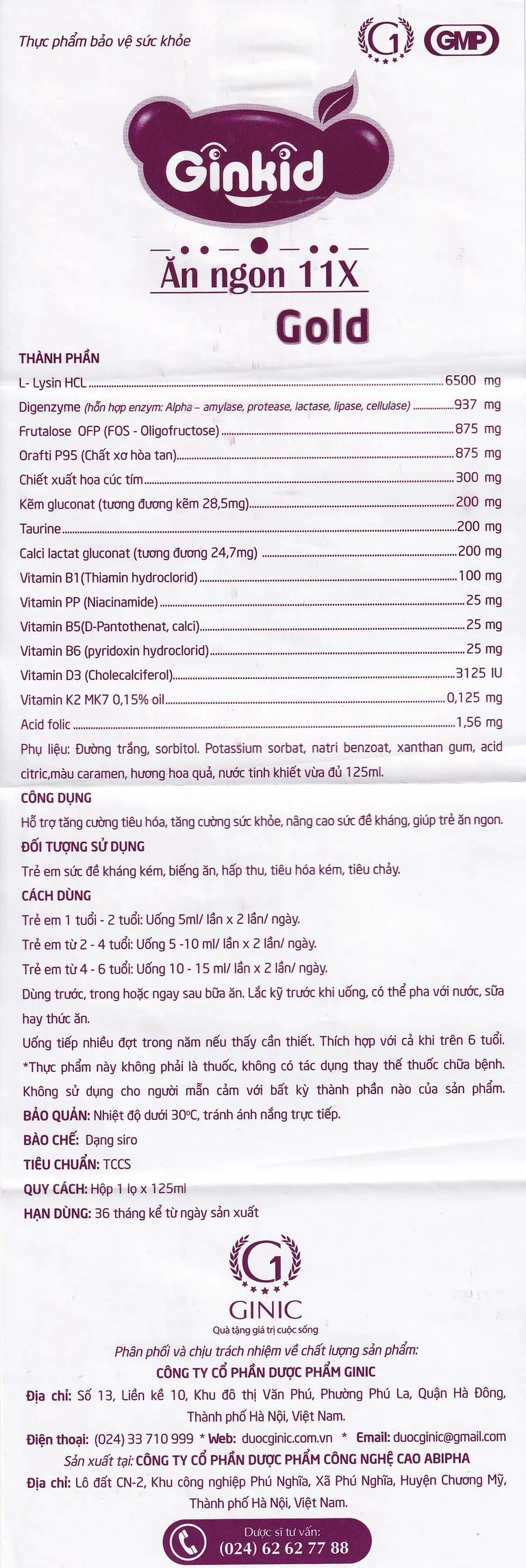 Siro Ginkid Ăn Ngon 11X Gold GINIC hỗ trợ kích thích tiêu hóa (125ml)