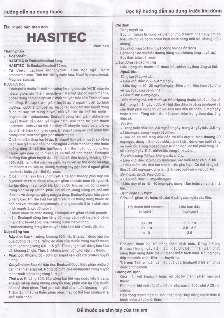 Thuốc Hasitec 10 Hasan điều trị tăng huyết áp, suy tim (3 vỉ x 10 viên)