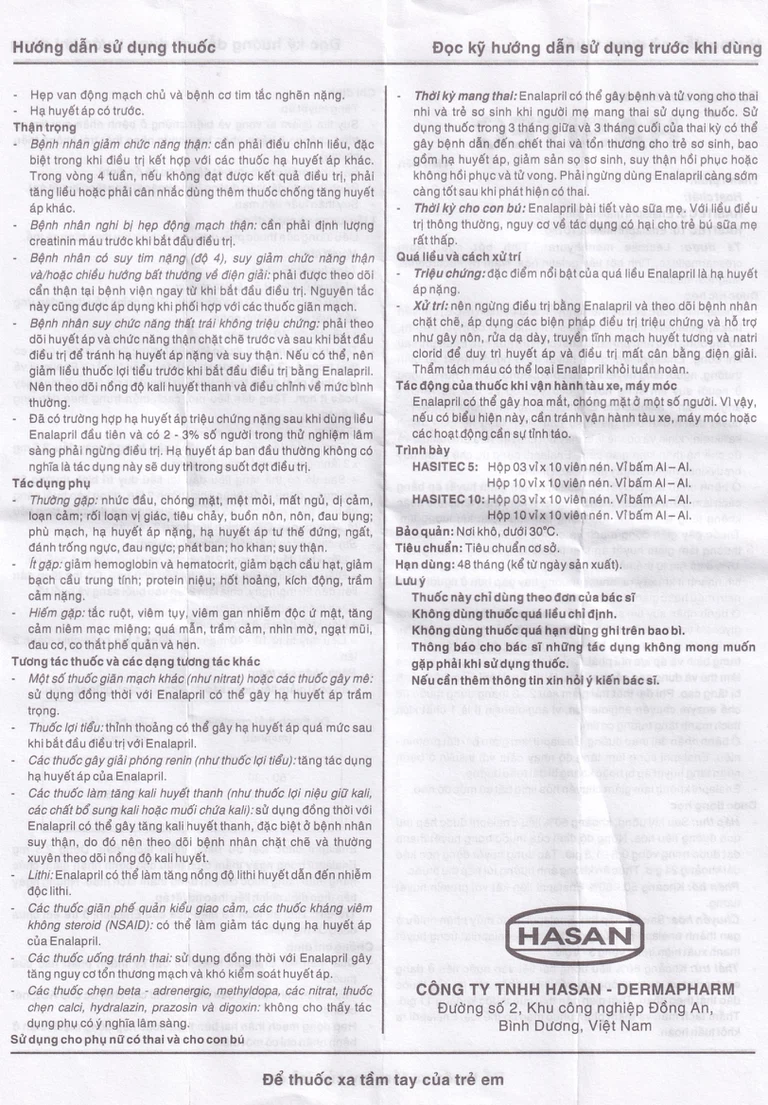 Thuốc Hasitec 10 Hasan điều trị tăng huyết áp, suy tim (3 vỉ x 10 viên)