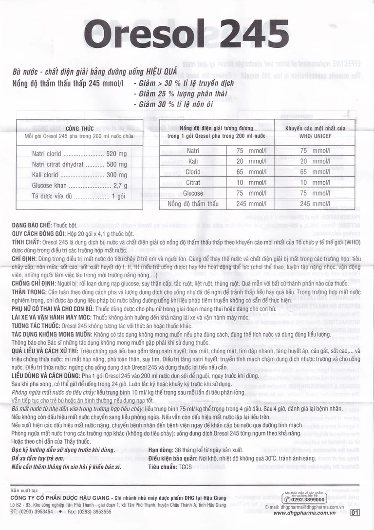 Bột pha uống Oresol 245 DHG Pharma bù nước, bổ sung chất điện giải, điều trị mất nước do tiêu chảy (20 gói x 4.1g)