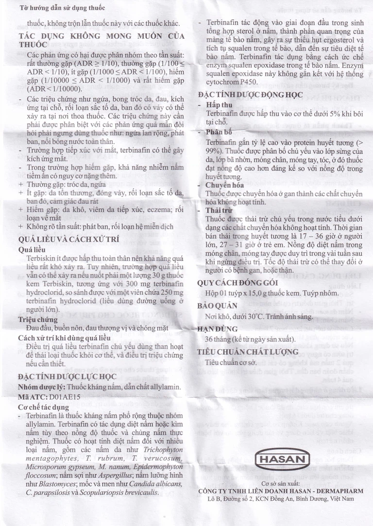 Kem bôi da Terbiskin 1% Hasan điều trị nhiễm nấm da, lang ben (15g)