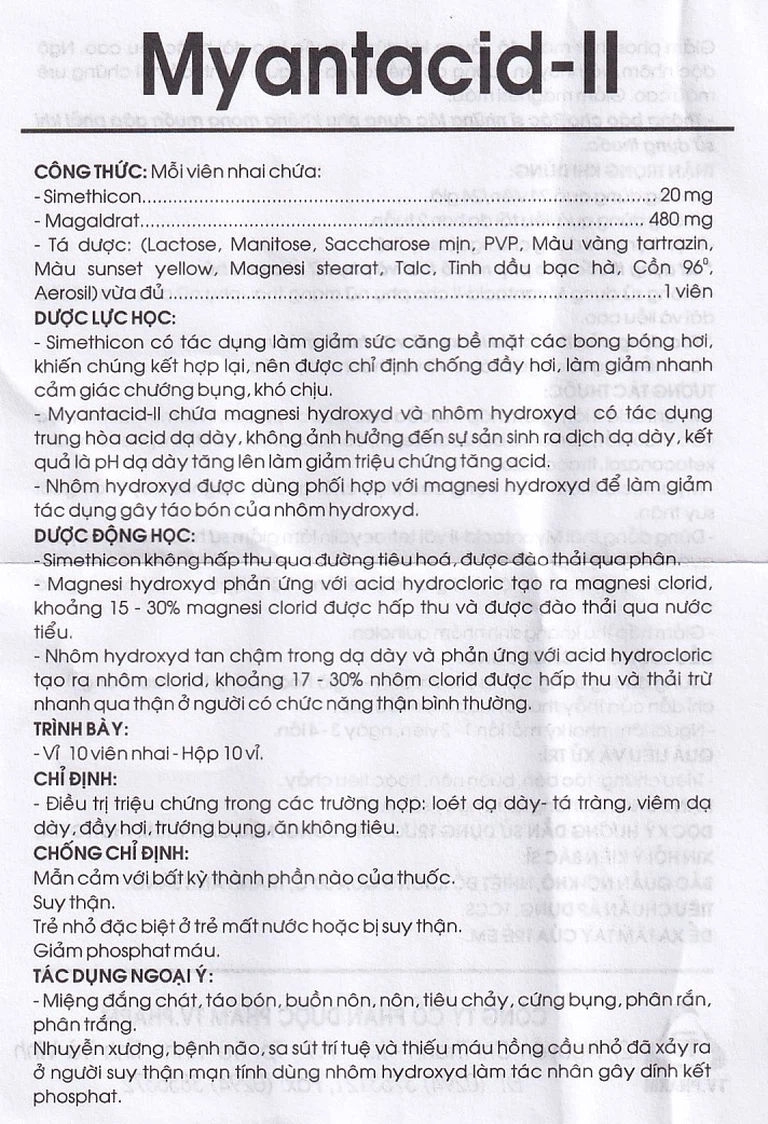 Viên nhai Myantacid-II TV.Pharm điều trị loét dạ dày - tá tràng, viêm dạ dày (10 vỉ x 10 viên)
