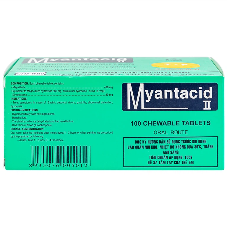 Viên nhai Myantacid-II TV.Pharm điều trị loét dạ dày - tá tràng, viêm dạ dày (10 vỉ x 10 viên)