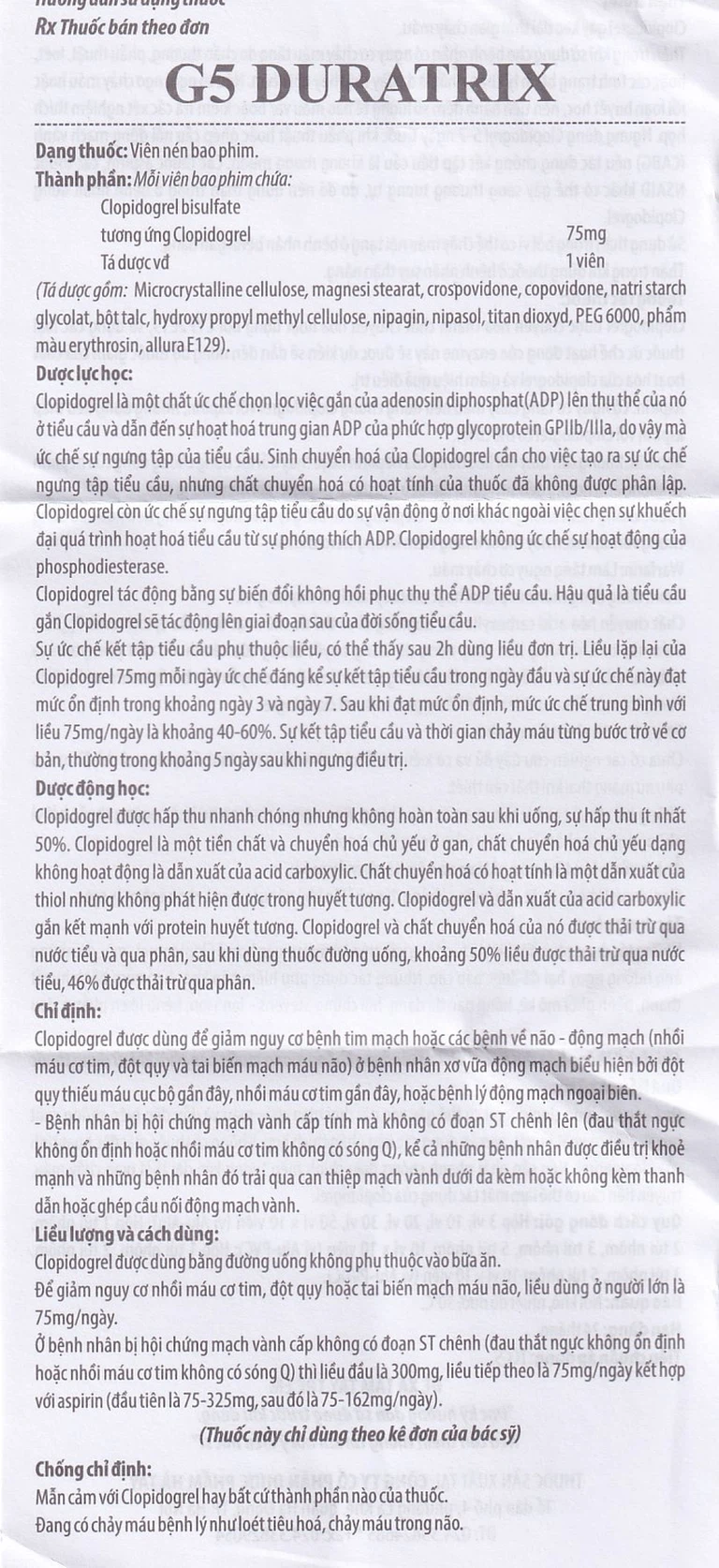 Thuốc G5 Duratrix Hà Tây giảm nguy cơ nhồi máu cơ tim, đột quỵ, tai biến mạch máu não (5 túi x 10 vỉ x 10 viên)