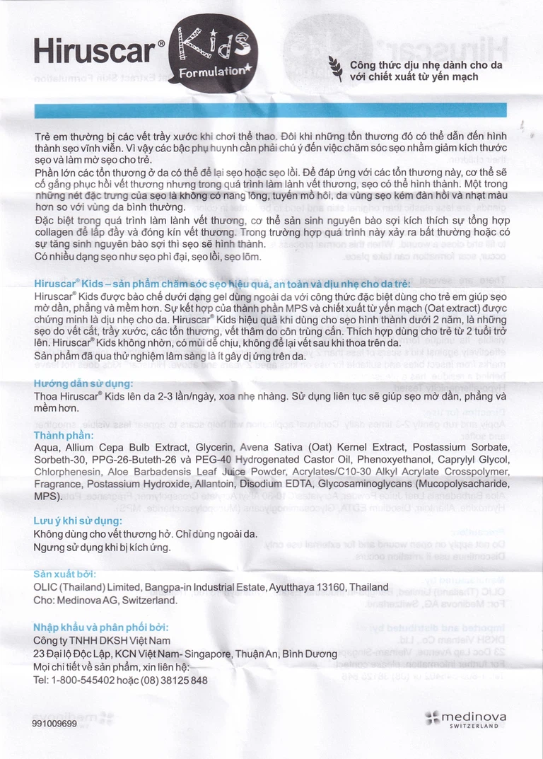 Gel Hiruscar Kids Medinova giúp sẹo mờ dần, phẳng và mềm hơn (10g)