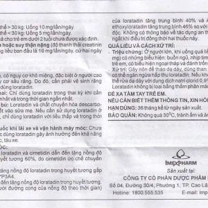 Viên nén Loratadin 10mg Imexpharm chống dị ứng, viêm mũi dị ứng, viêm kết mạc (2 vỉ x 10 viên)