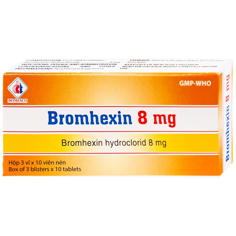 Thuốc Bromhexin 8mg Domesco điều trị rối loạn tiết dịch phế quản trong viêm phế quản cấp tính (3 vỉ x 10 viên)