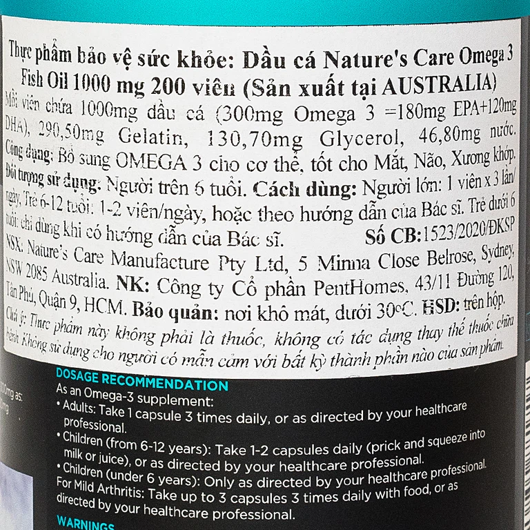 Viên dầu cá Fish Oil 1000mg Omega 3 Nature's Care bổ sung Omega 3, tốt cho mắt, não (200 viên)