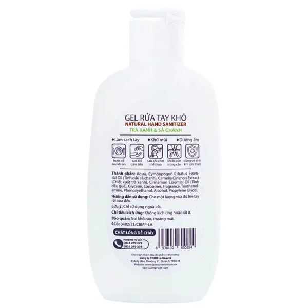 Gel rửa tay khô Natural Hand Sanitizer trà xanh và sả chanh làm sạch tay, khử mùi, dưỡng ẩm (120ml)