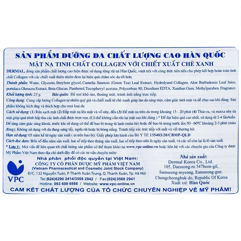 Mặt nạ Dermal Green Tea Collagen Essence Mask dưỡng da dành cho mọi loại da (23g)