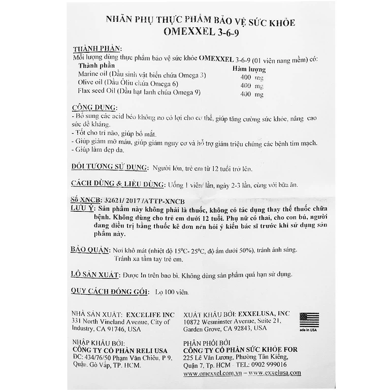 Viên uống Omexxel 3-6-9 Excelife tốt cho trí não, giúp bổ mắt (100 viên)