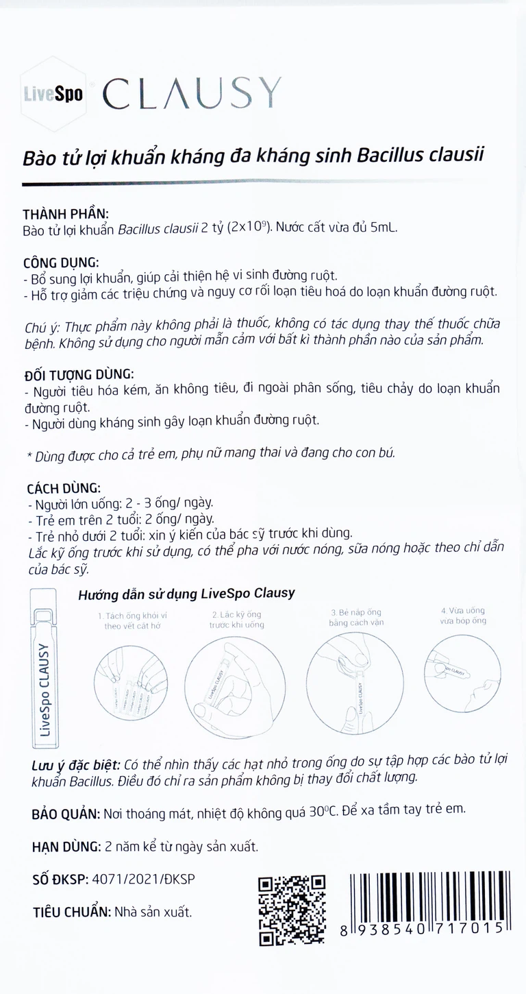 Dung dịch Clausy Livespo bào tử lợi khuẩn kháng đa kháng sinh (10 ống x 5ml)
