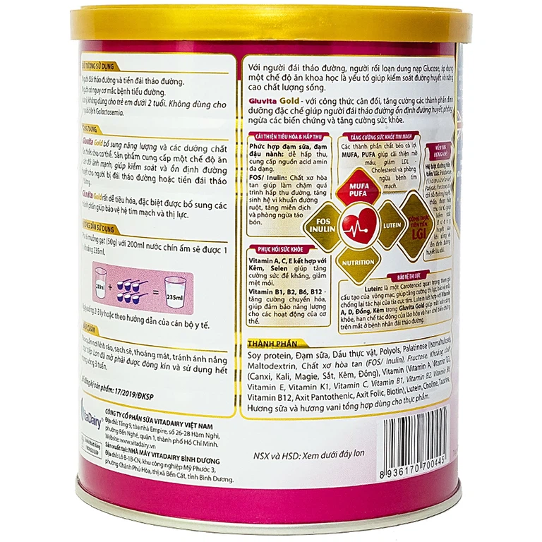 Sữa bột Gluvita Gold Vitadairy bổ sung dinh dưỡng cho người đái tháo đường, tiền đái tháo đường (400g)
