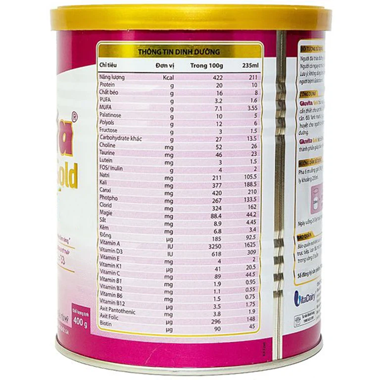 Sữa bột Gluvita Gold Vitadairy bổ sung dinh dưỡng cho người đái tháo đường, tiền đái tháo đường (400g)