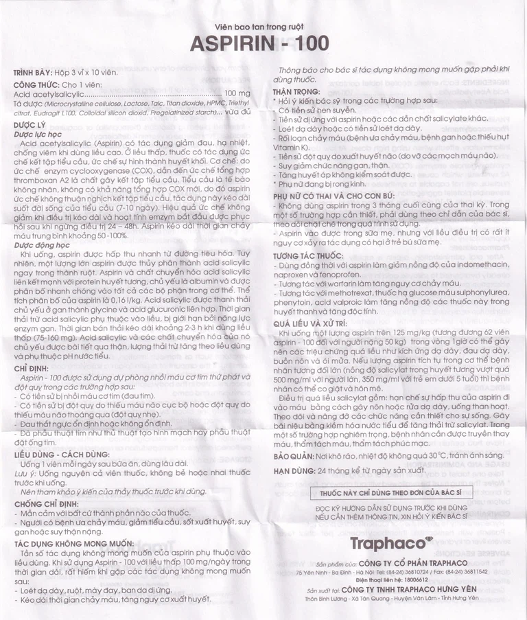 Thuốc Aspirin 100mg Traphaco phòng ngừa nhồi máu cơ tim, đột quỵ (3 vỉ x 10 viên)