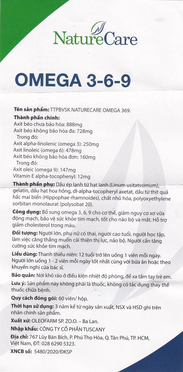 Viên uống Omega 3-6-9 NatureCare giảm nguy cơ xơ vữa động mạch, bảo vệ sức khỏe tim mạch (3 vỉ x 20 viên)