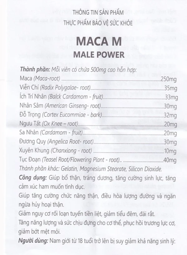Viên uống Maca M Male Power hỗ trợ bổ thận, tráng dương (60 viên)