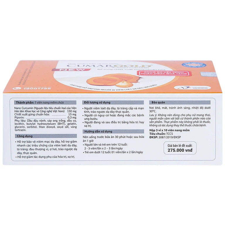 Viên uống Cumargold Nano Curcumin New CVI Pharma hỗ trợ bảo vệ niêm mạc dạ dày (3 vỉ x 10 viên)