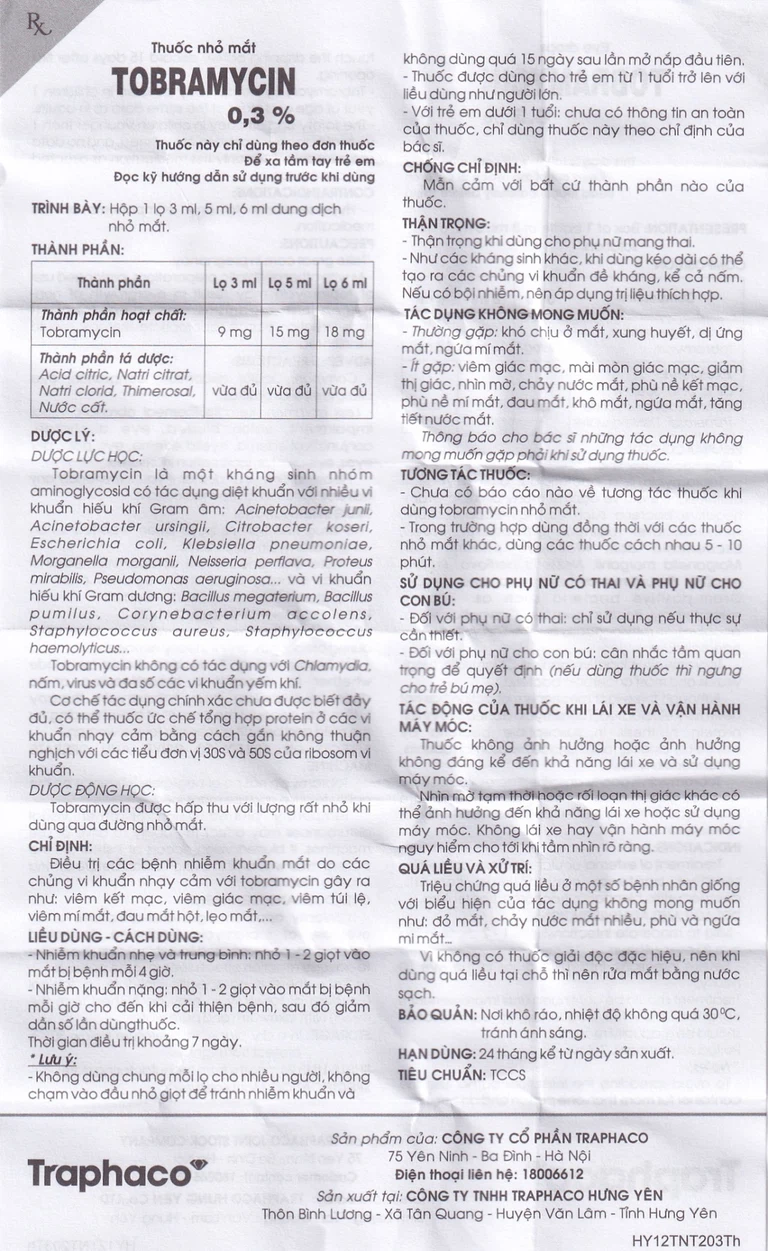 Thuốc nhỏ mắt Tobramycin 0,3% Traphaco điều trị nhiễm khuẩn mắt (6ml)