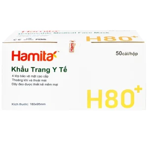 Khẩu trang than hoạt tính Hamita H80+ 4 lớp hỗ trợ ngăn khói, bụi, kháng khuẩn (50 cái)