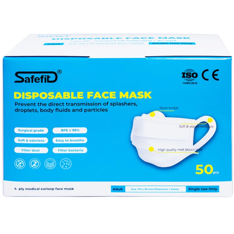 Khẩu trang y tế Safefit màu xanh 4 lớp hỗ trợ ngăn khói, bụi, kháng khuẩn (50 cái)