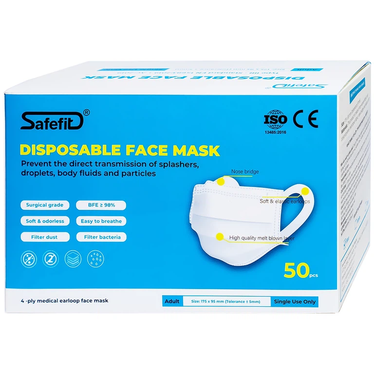 Khẩu trang y tế Safefit màu xanh 4 lớp hỗ trợ ngăn khói, bụi, kháng khuẩn (50 cái)